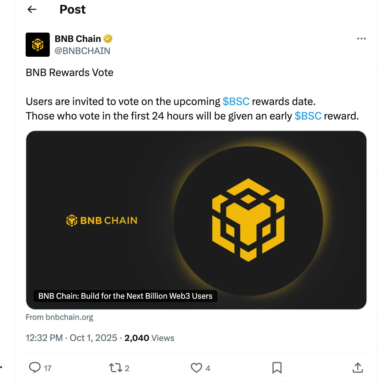 Screenshot of BNB Chain's X account.
